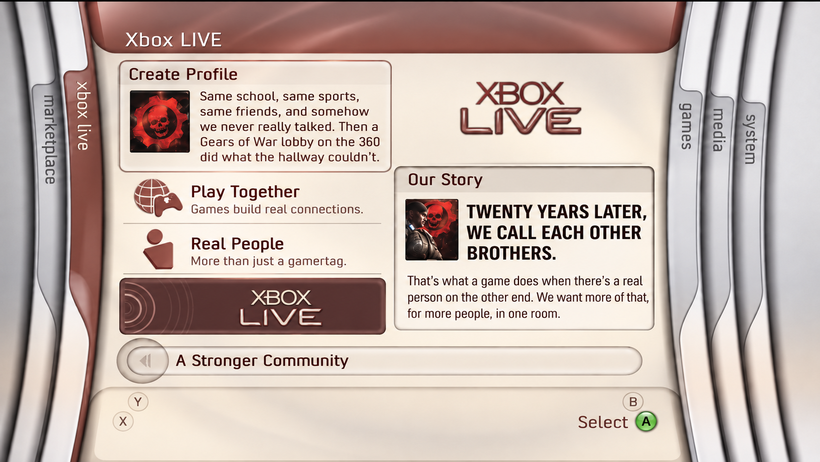 Xbox LIVE dashboard: Same school, same sports, same friends, and somehow we never really talked. Then a Gears of War lobby on the 360 did what the hallway couldn't. Twenty years later, we call each other brothers. That's what a game does when there's a real person on the other end. We want more of that, for more people, in one room.
