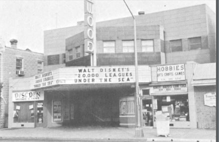 The Wood Theatre marquee on Broad Street, Woodbury, advertising Walt Disney's 20,000 Leagues Under the Sea