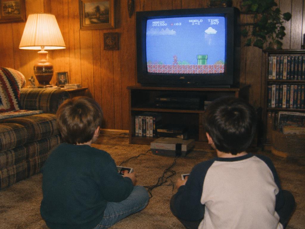 Two kids on a living room carpet playing a console game on a CRT TV